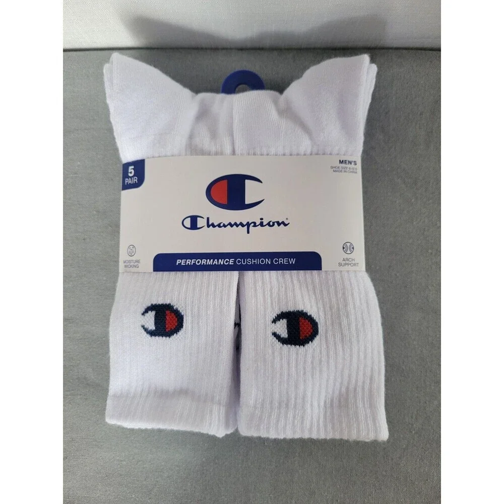 Champion Men's Performance Cushion Crew White Socks w/Logo 5 Prs Size 6-12.5 NWT